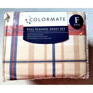 NEW Colormate FULL Flannel Sheet Set Pillowcases Flat 100% Cotton PLAID CHECK
